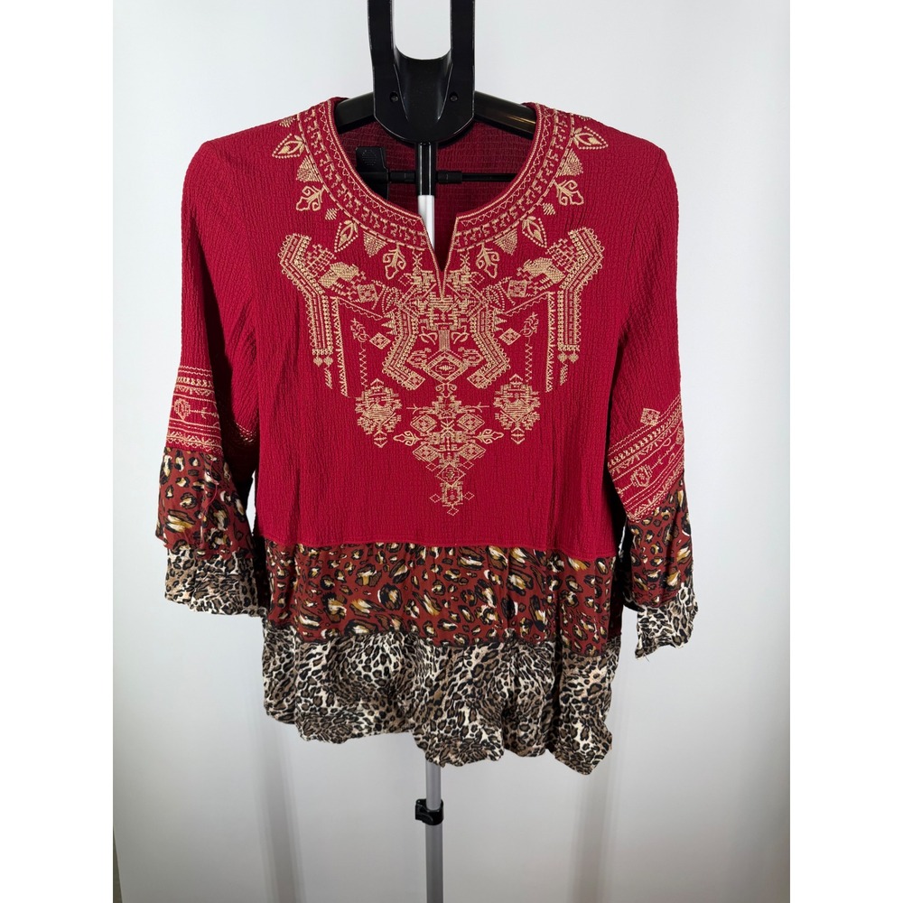 Caleoaa Red Embroidered Leopard Print Tiered Tunic Top Small Boho